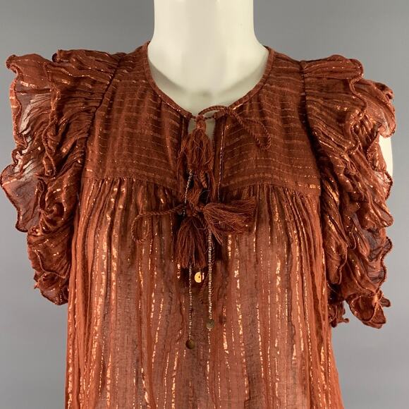 ULLA JOHNSON Size 6 Rust Cotton Blend Stripe Bohemian Blouse - Picture 2 of 7